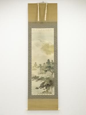 服部月洲筆　山村梅林図　肉筆絹本掛軸（共箱）